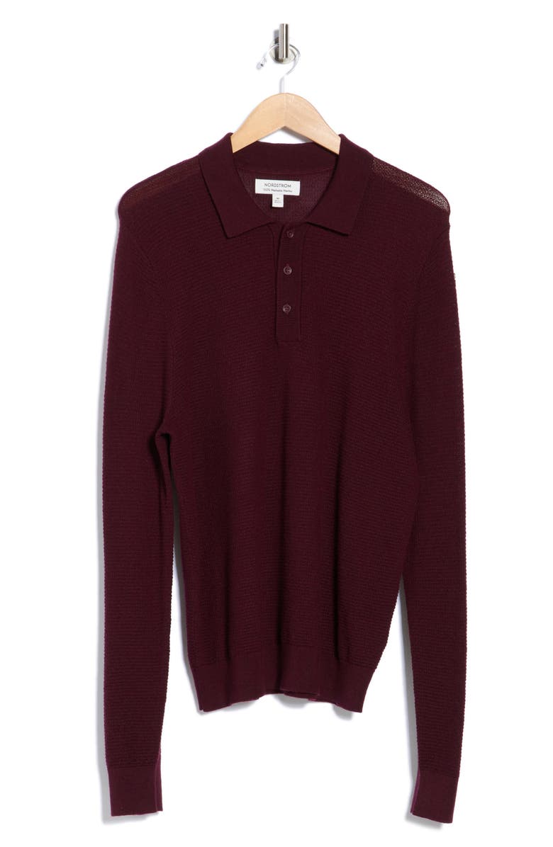 Nordstrom Long Sleeve Merino Wool Polo, Alternate, color, Burgundy Field