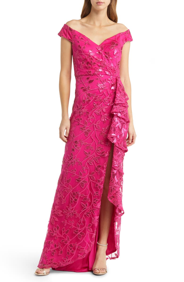 Tadashi Shoji Embellished Off the Shoulder Gown, Main, color, 