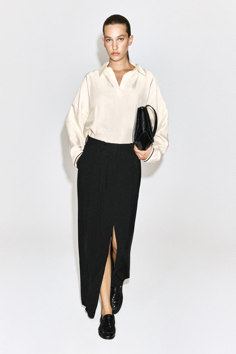 Contrast-Tipped Sculpted Open-Collar Shirt, Alternate, color, IVORY