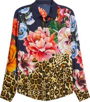 Elie Tahari The Madeline Sahara Desert Print Silk Blend Satin Button-Up Shirt