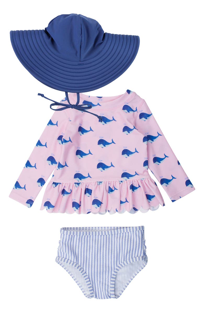 RuffleButts Pink Whale Friends 2-Piece Rashguard Swimsuit & Headband Set, Main, color, Pink