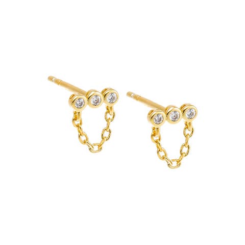 Mini Triple CZ Bezel Bar Drop Chain Stud Earring