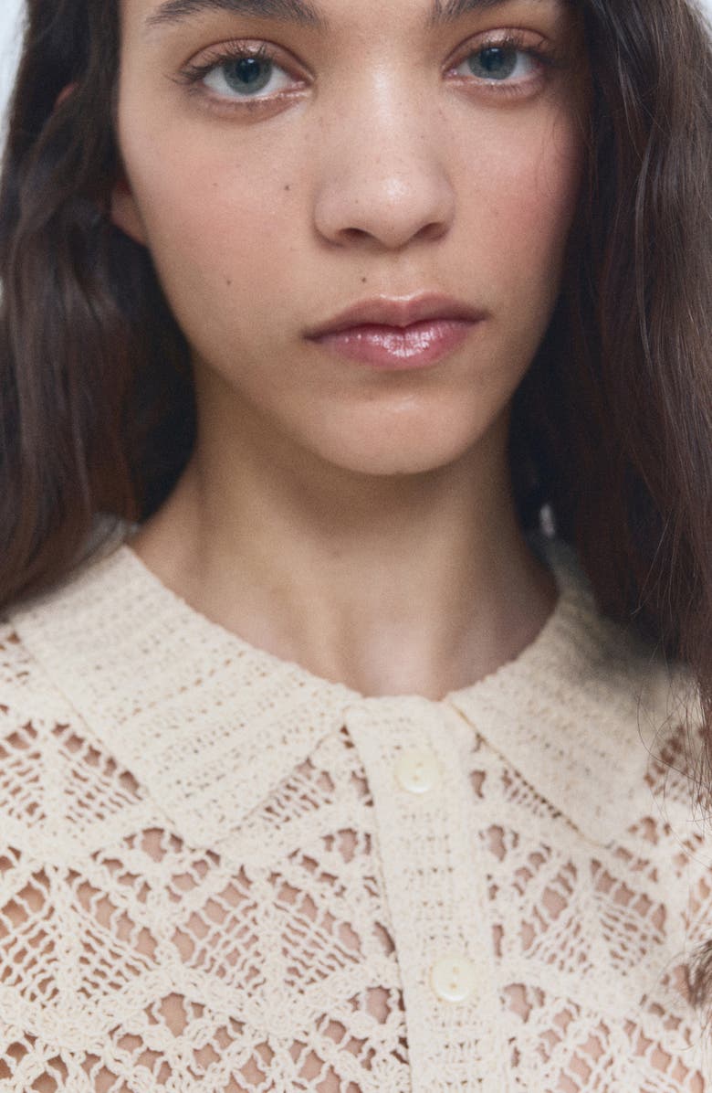 MANGO Open Stitch Cotton Blend Knit Polo Sweater, Alternate, color, Ecru