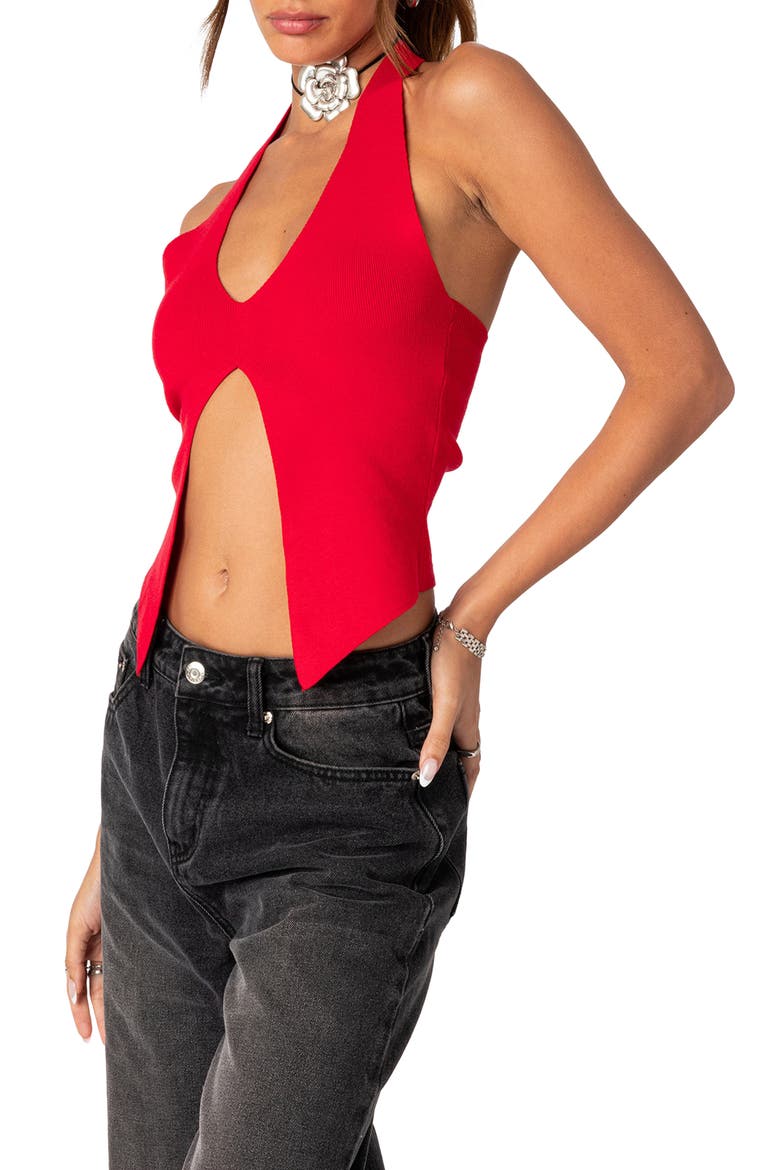 Sculpt Split Front Halter Top, Alternate, color, RED