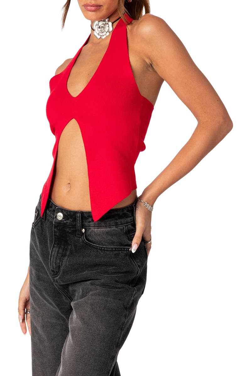 EDIKTED Sculpt Split Front Halter Top, Alternate, color, Red
