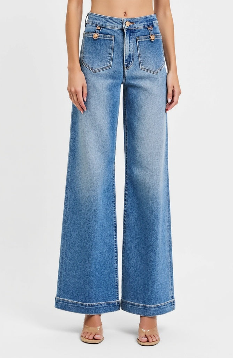 Modenaire High Waist Wide-Leg Jeans with Buttoned Patch Pockets and Rolled Hem, Alternate, color, Light Blue