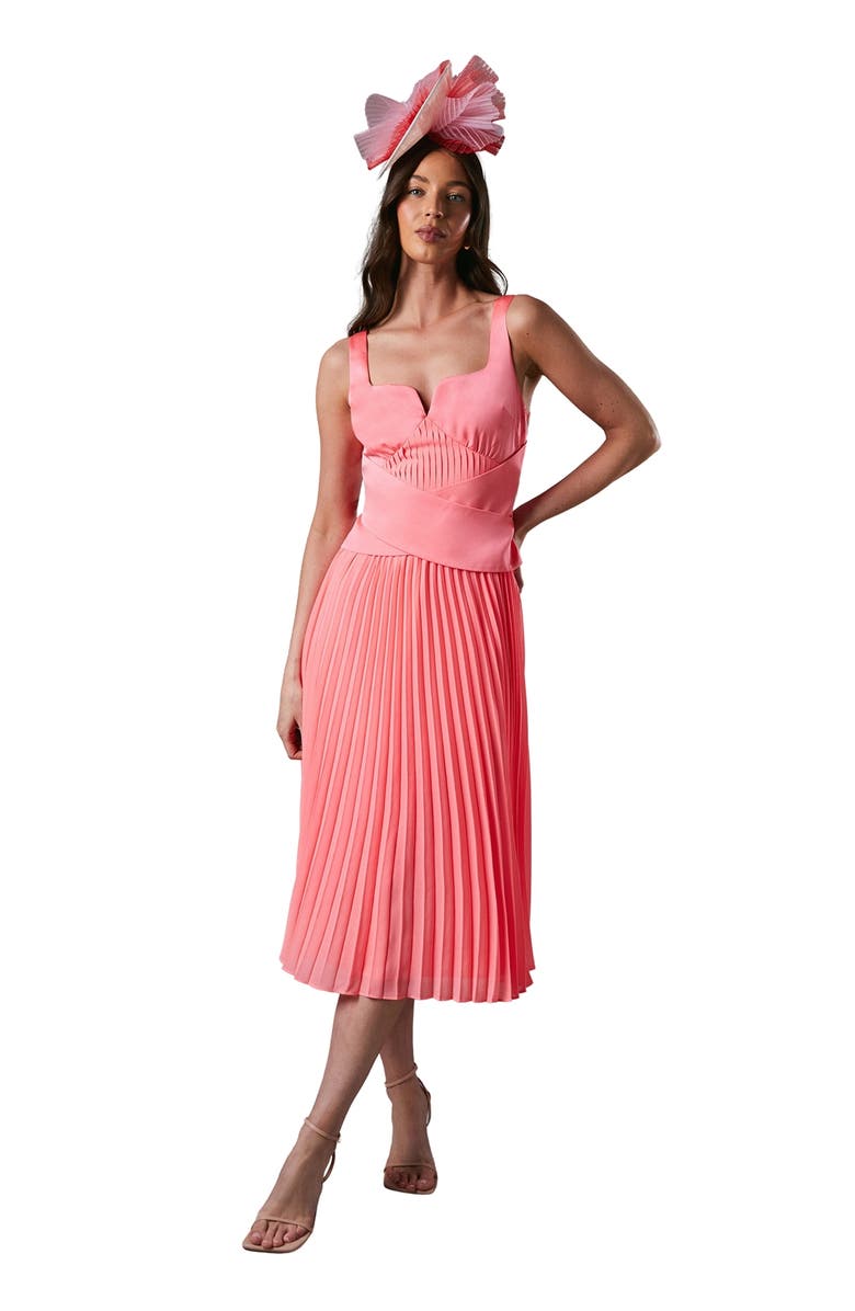 Coast Peplum Cross Detail Pleated Midi Dress, Main, color, Coral