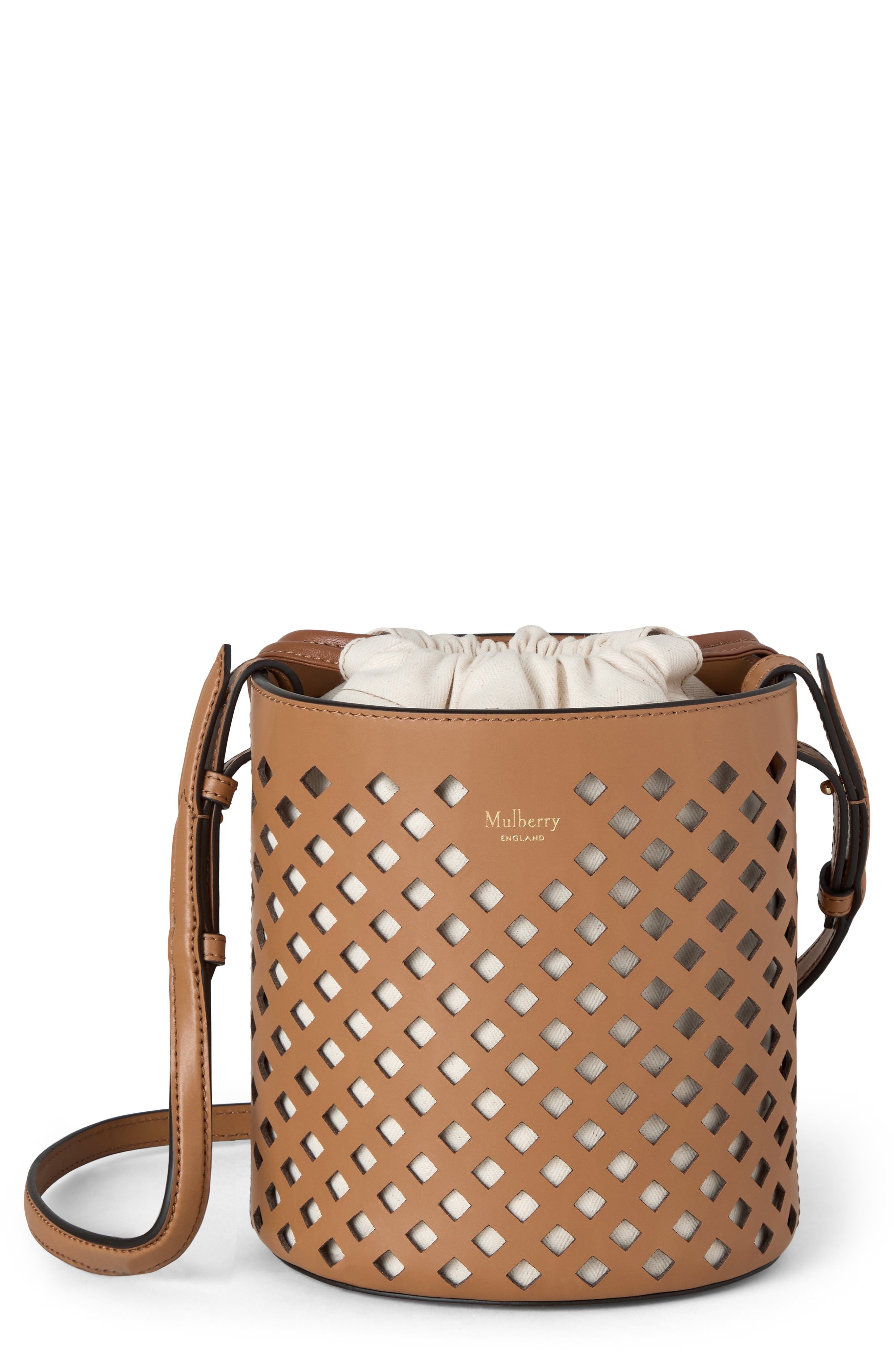 Mulberry Diamond Perforated Leather Bucket Bag, Main, color, Toffee