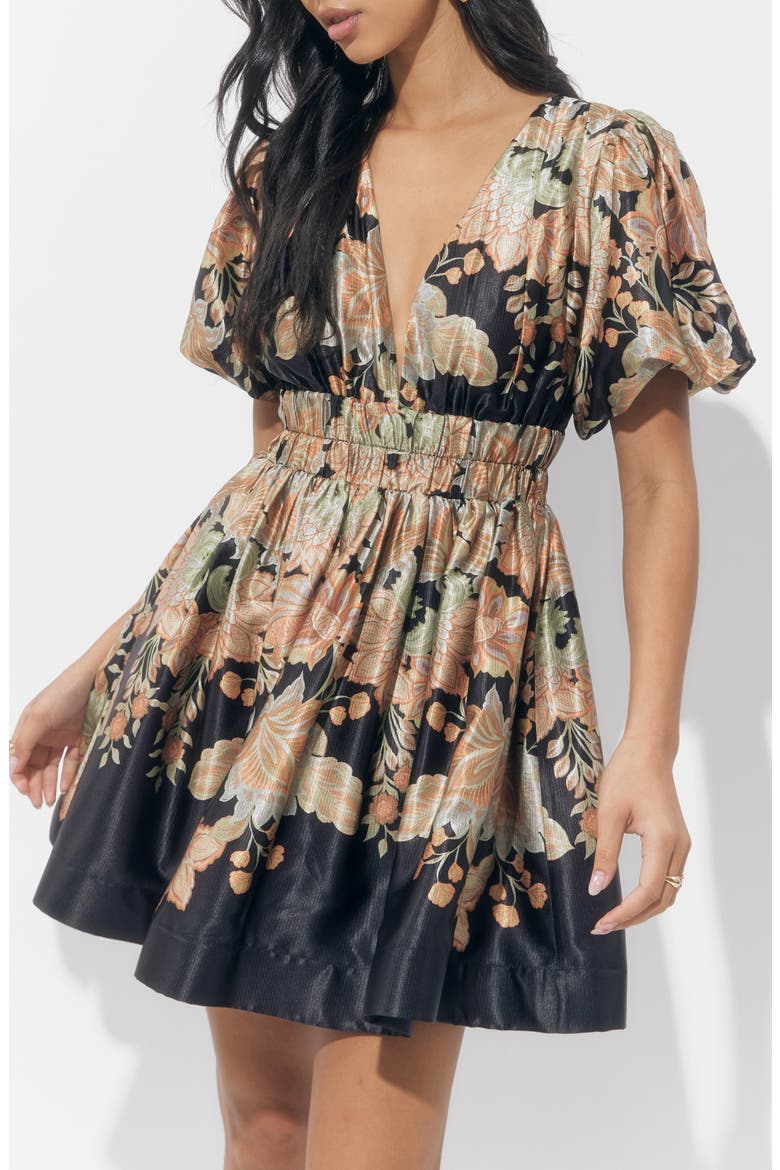 Koi Print Puff Sleeve Dress, Alternate, color, BLACK/ GOLD