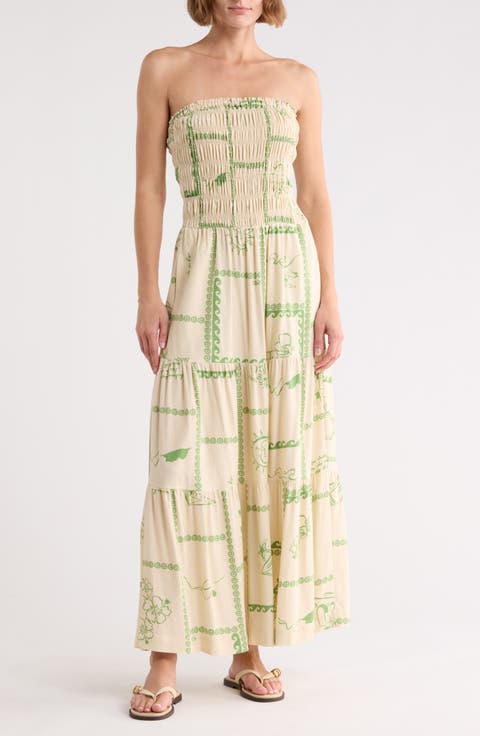 Strapless Smocked Midi Dress