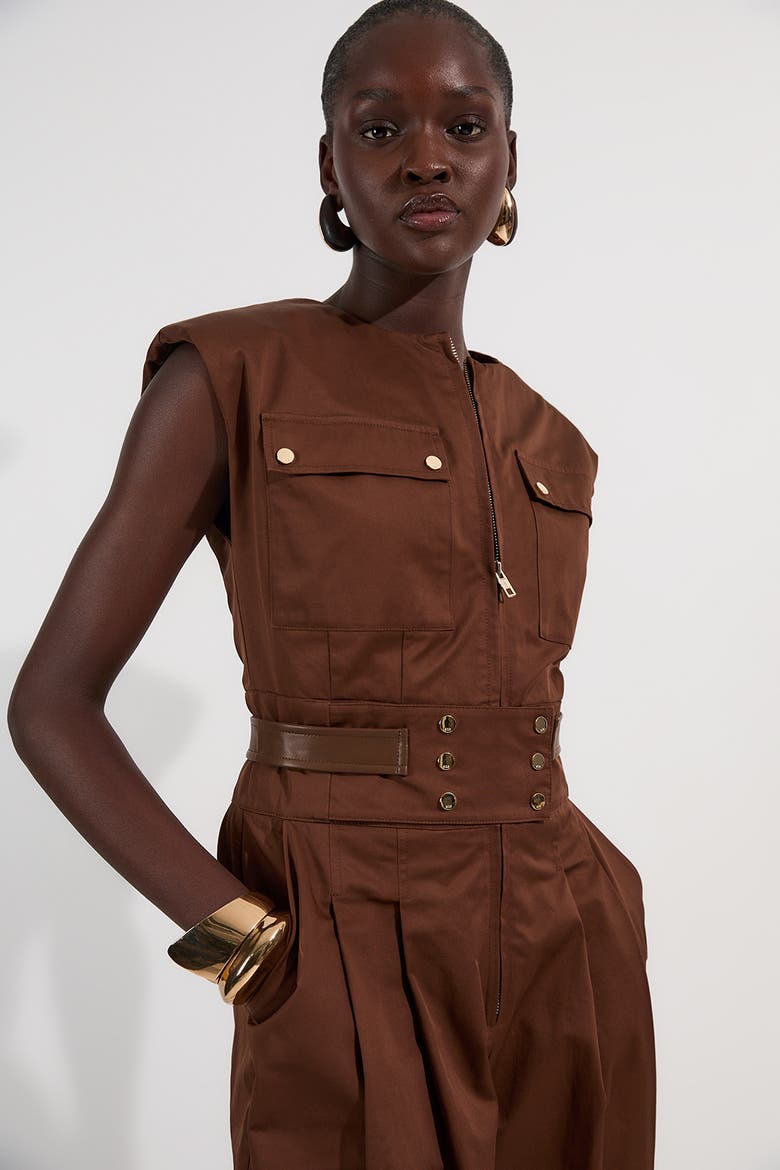 Cotton & Faux Leather Utility Jumpsuit, Alternate, color, Chocolate
