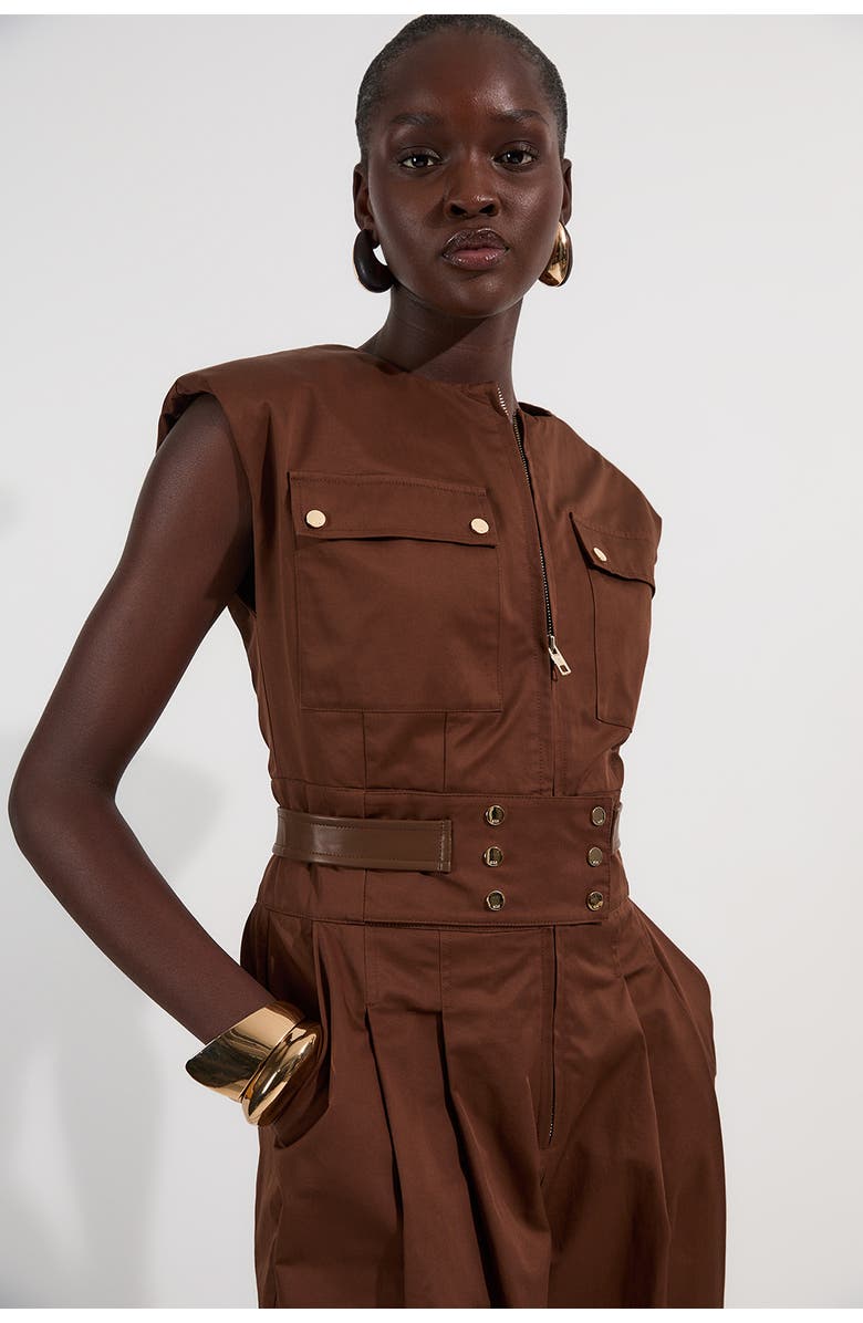 Karen Millen Cotton & Faux Leather Utility Jumpsuit, Alternate, color, Chocolate