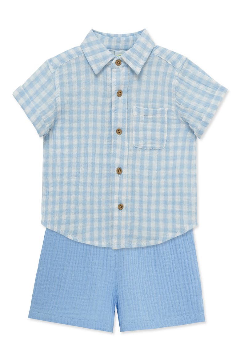 Gingham Cotton Button-Up Shirt & Drawstring Shorts Set, Alternate, color, BLUE