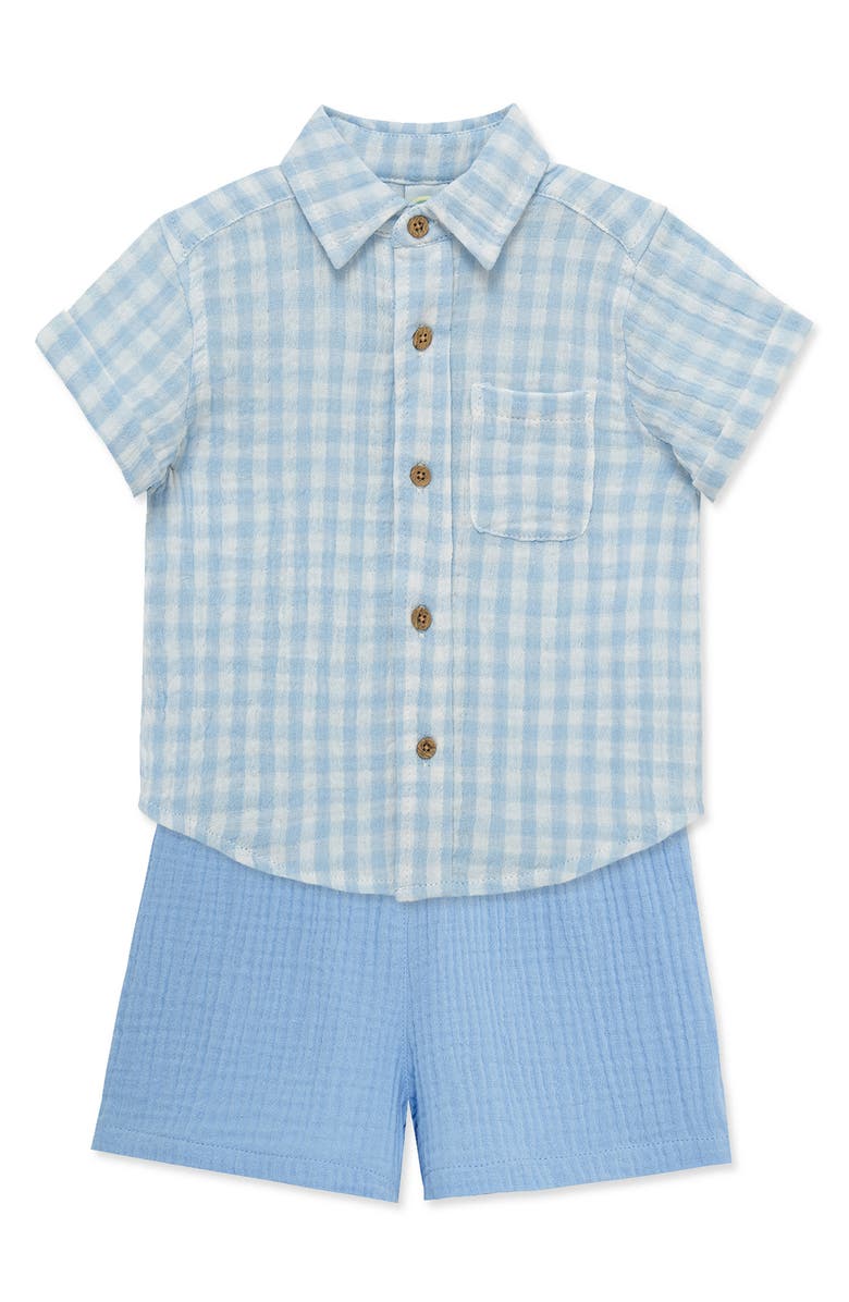 Little Me Gingham Cotton Button-Up Shirt & Drawstring Shorts Set, Alternate, color, Blue