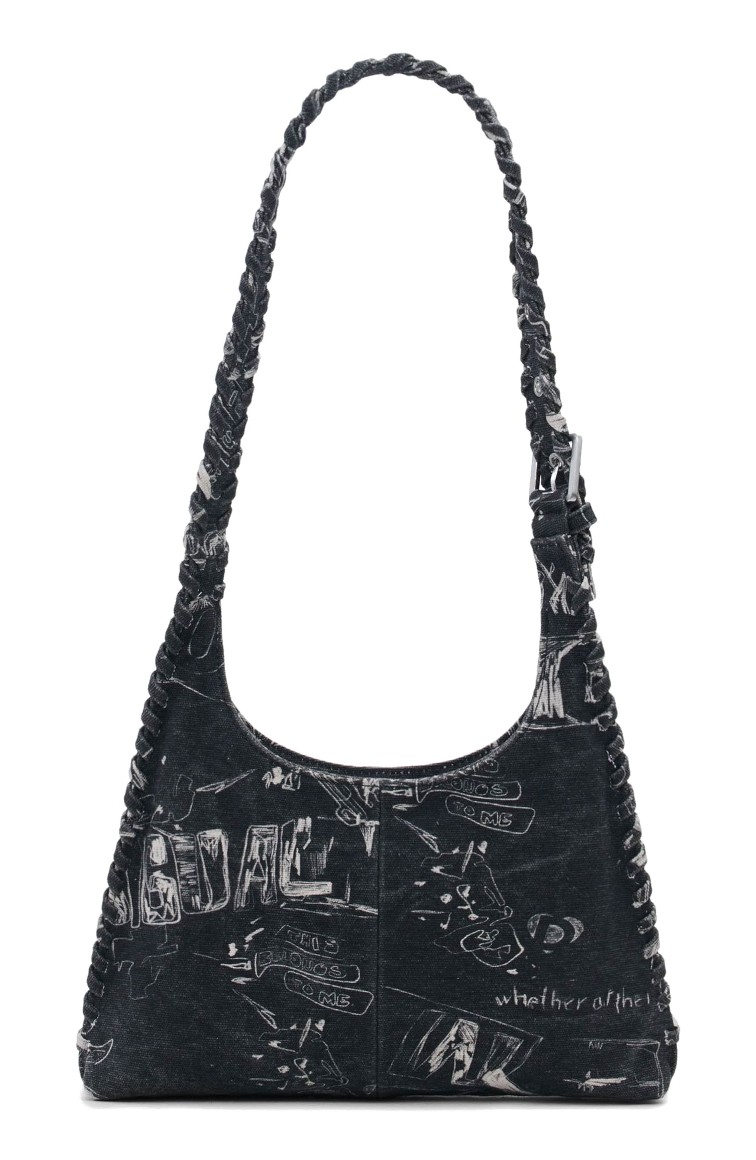 Desigual Embroidered Denim Shoulder Bag, Alternate, color, Black