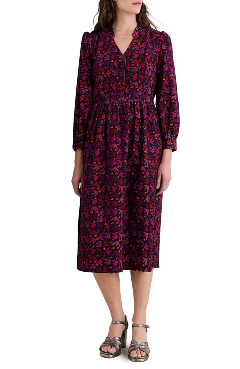 Rose Cottage Bird Print Long Sleeve Corduroy Midi Dress (Petite)