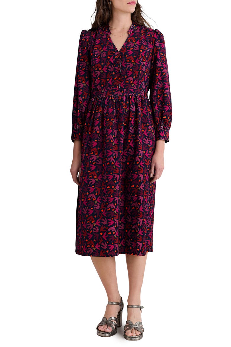 Rose Cottage Bird Print Long Sleeve Cotton Corduroy Midi Dress video
