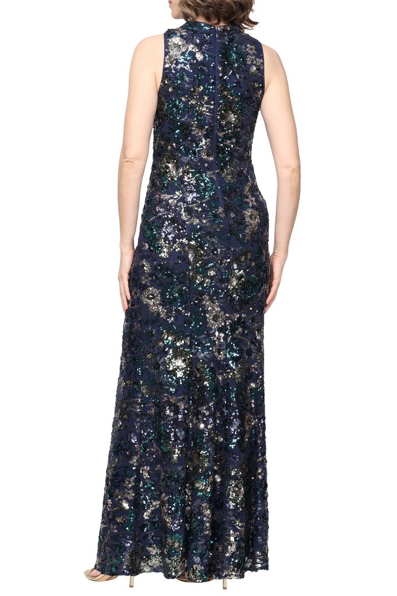 Sequin Sleeveless Mermaid Gown, Alternate, color, NAVY/ EMERALD