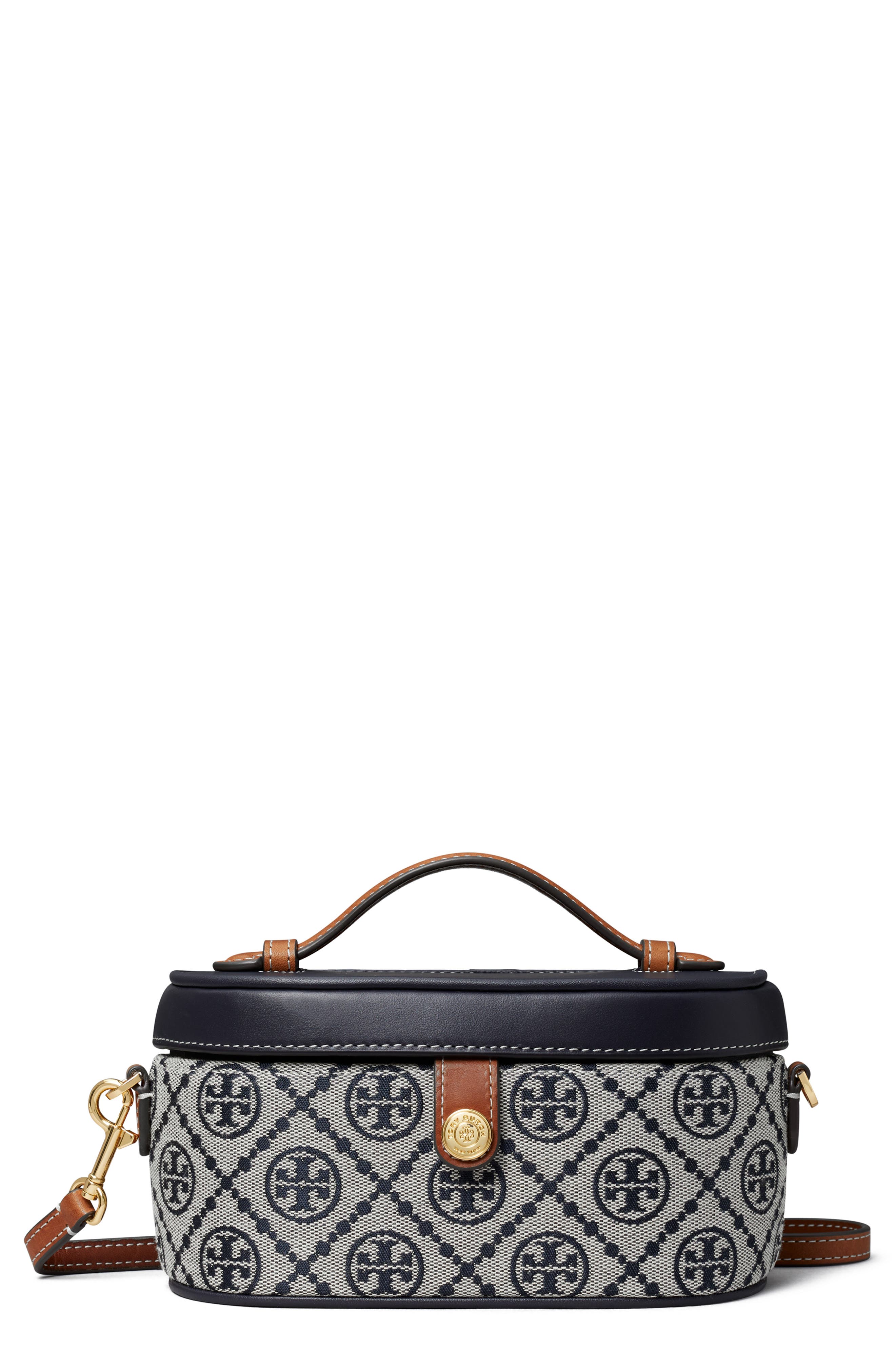 Tory Burch T Monogram Jacquard & Leather Vanity Train Case, Main, color, Tory Navy