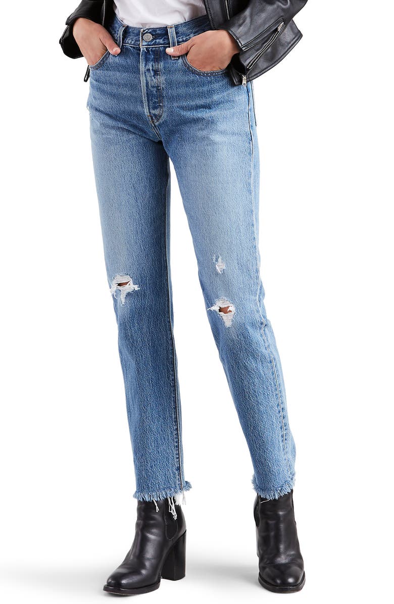 Levi's<sup>®</sup> 501<sup>®</sup> High Waist Ripped Fray Hem Skinny Jeans, Main, color, 