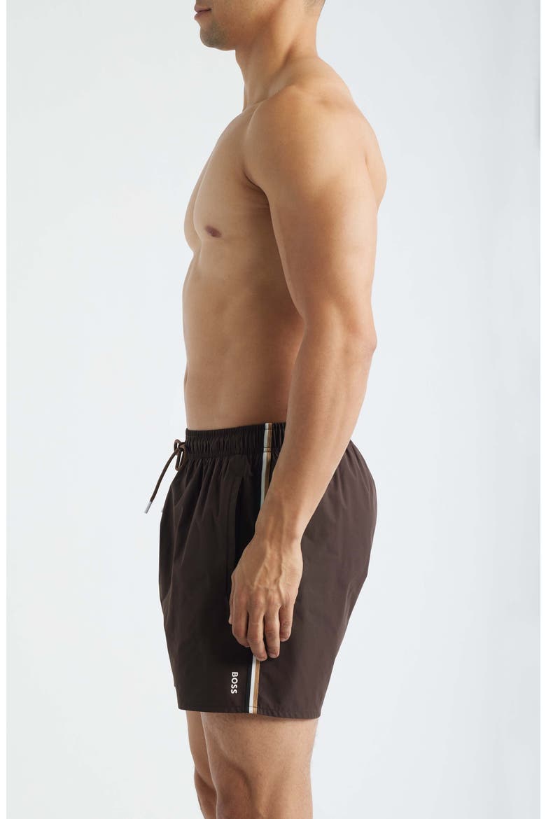 Iconic Side Stripe Swim Trunks, Alternate, color, DARK BROWN