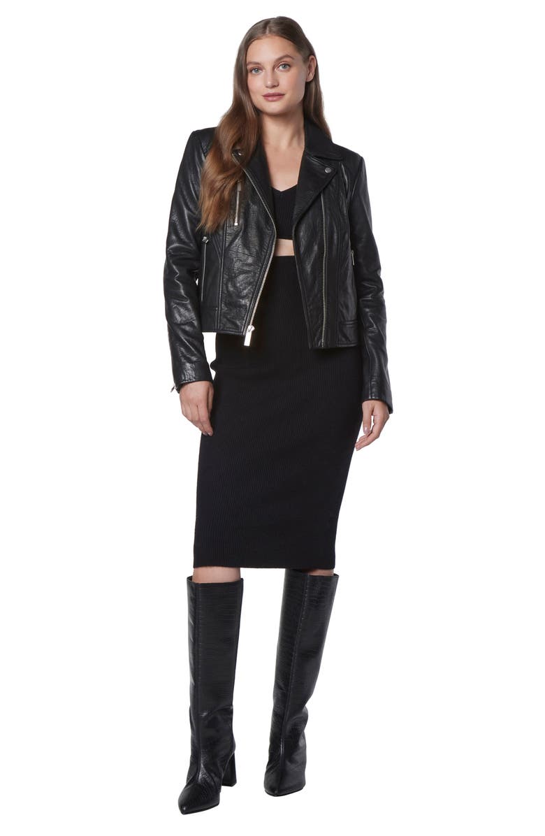 Andrew Marc Carnegie French Bubble Lambskin Moto Jacket, Alternate, color, Black