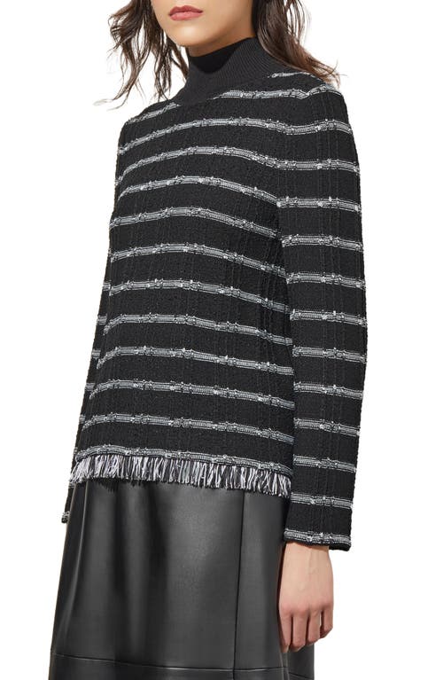 Ming Wang Stripe Fringe Bouclé Rib Sweater In Black