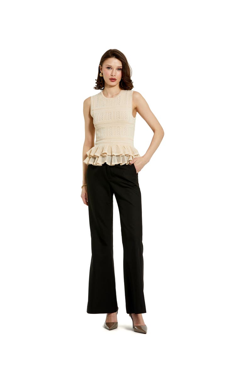 Mac Duggal Sleeveless High Neck Knit Top With Ruffle Hem, Alternate, color, Oat