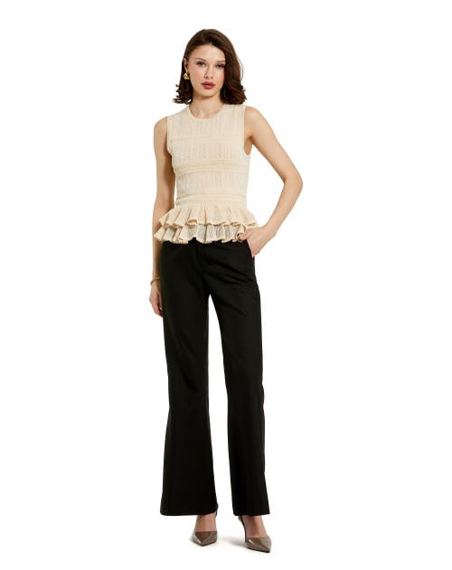 Mac Duggal Sleeveless High Neck Knit Top With Ruffle Hem In Oat