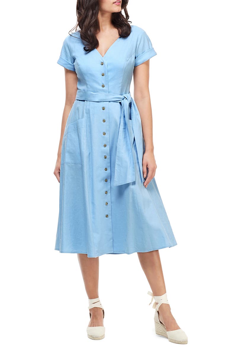 Gal Meets Glam Collection Vanessa Button Front Linen Blend Midi Dress, Alternate, color, 