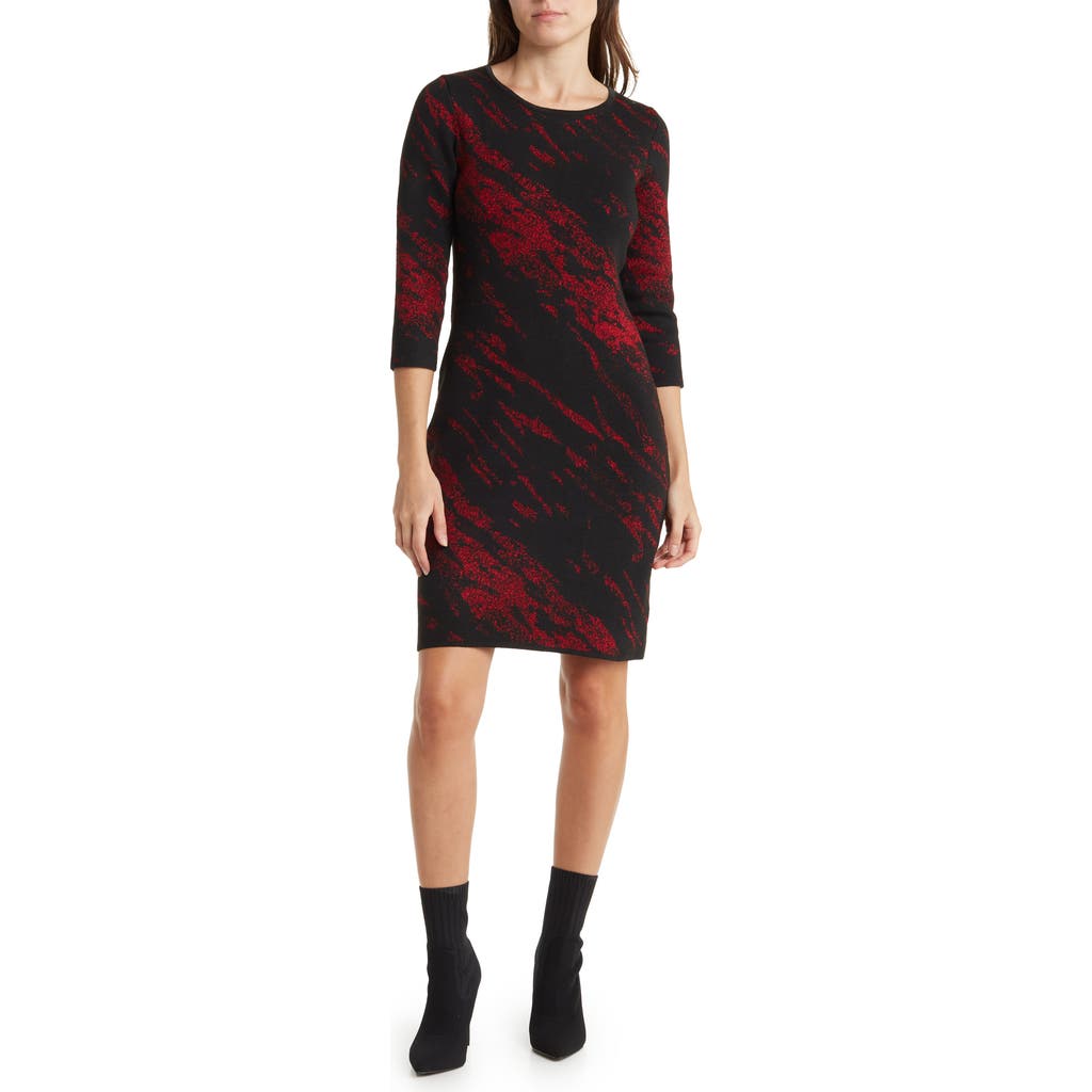Nina Leonard Marbled Scoop Neck Dress In Red
