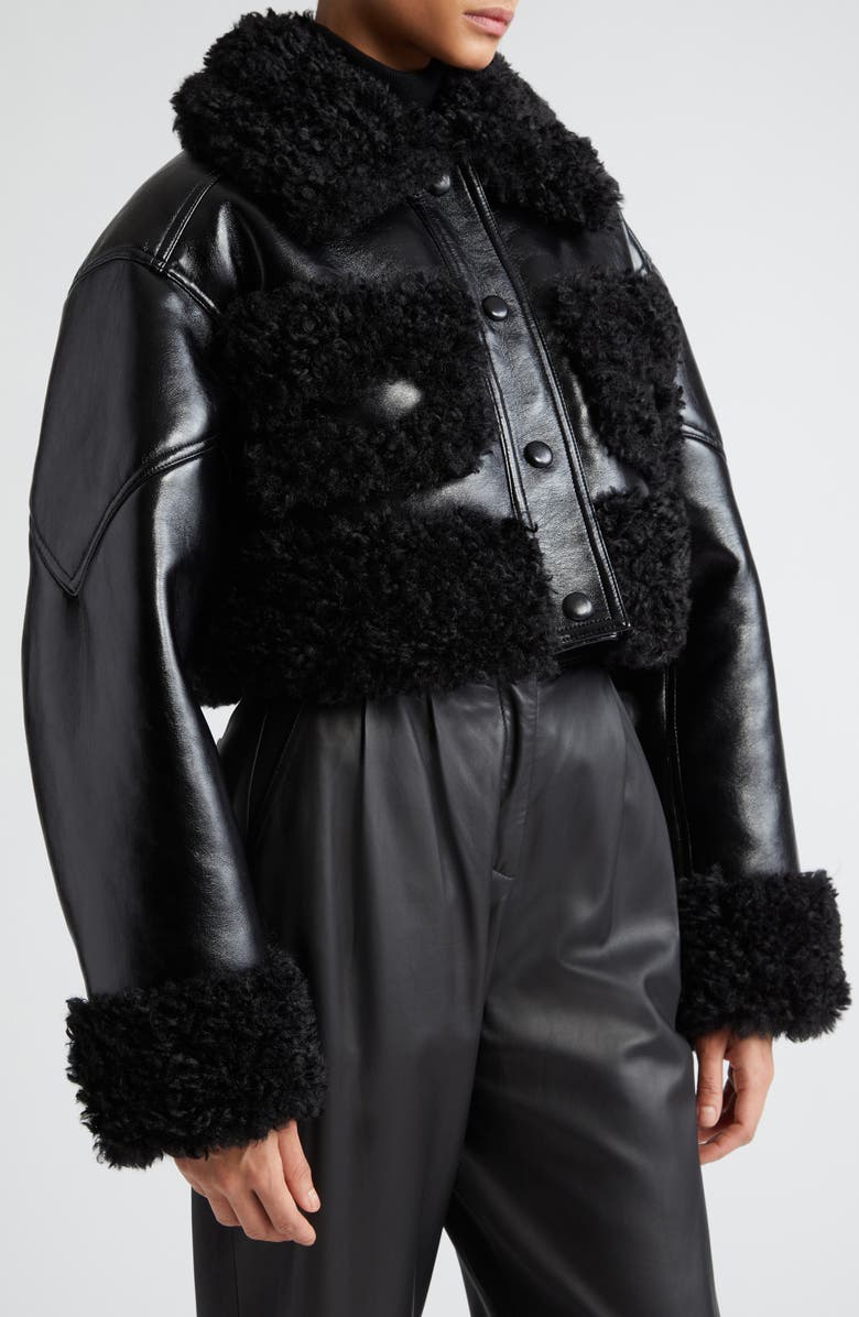 Stand Studio Fleur Faux Shearling Trim Crop Faux Leather Jacket, Alternate, color,