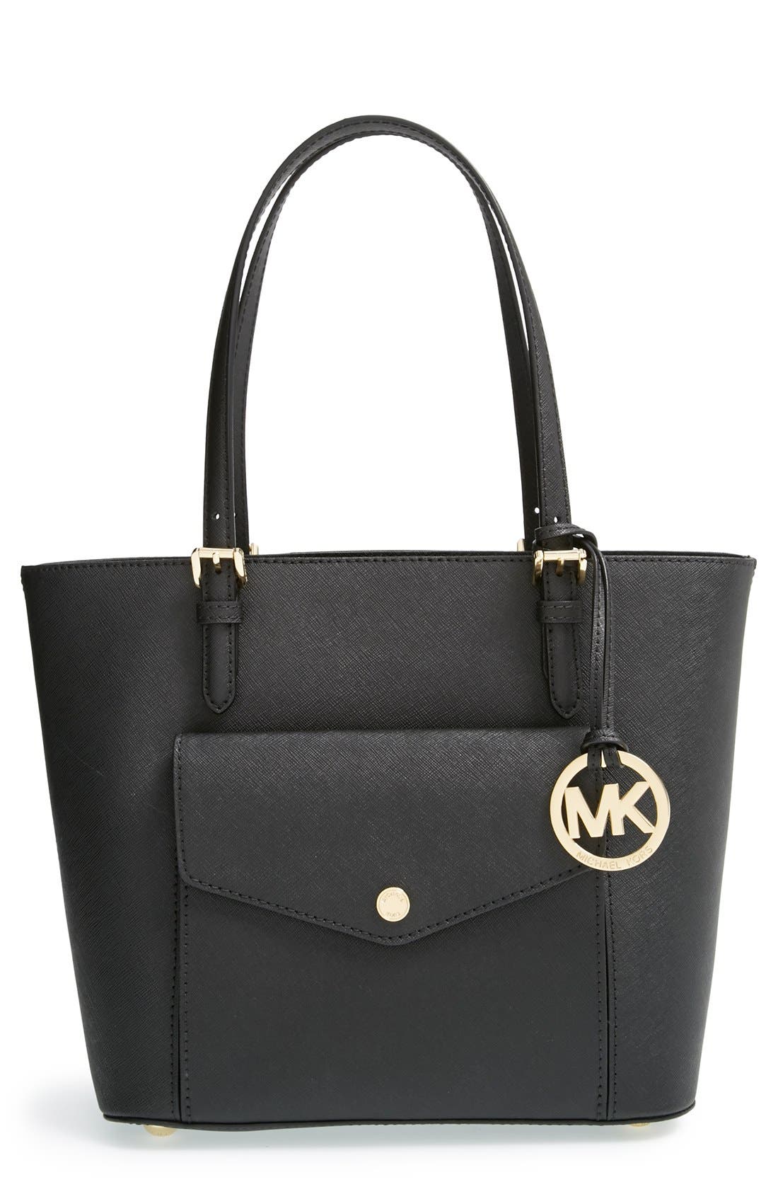 'Jet Set - Medium' Saffiano Leather Snap Pocket Tote (Nordstrom Exclusive), Main, color, BLACK