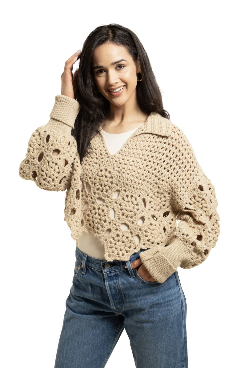 SAACHI Chunky Crochet Cardigan Sweater, Alternate, color, Beige