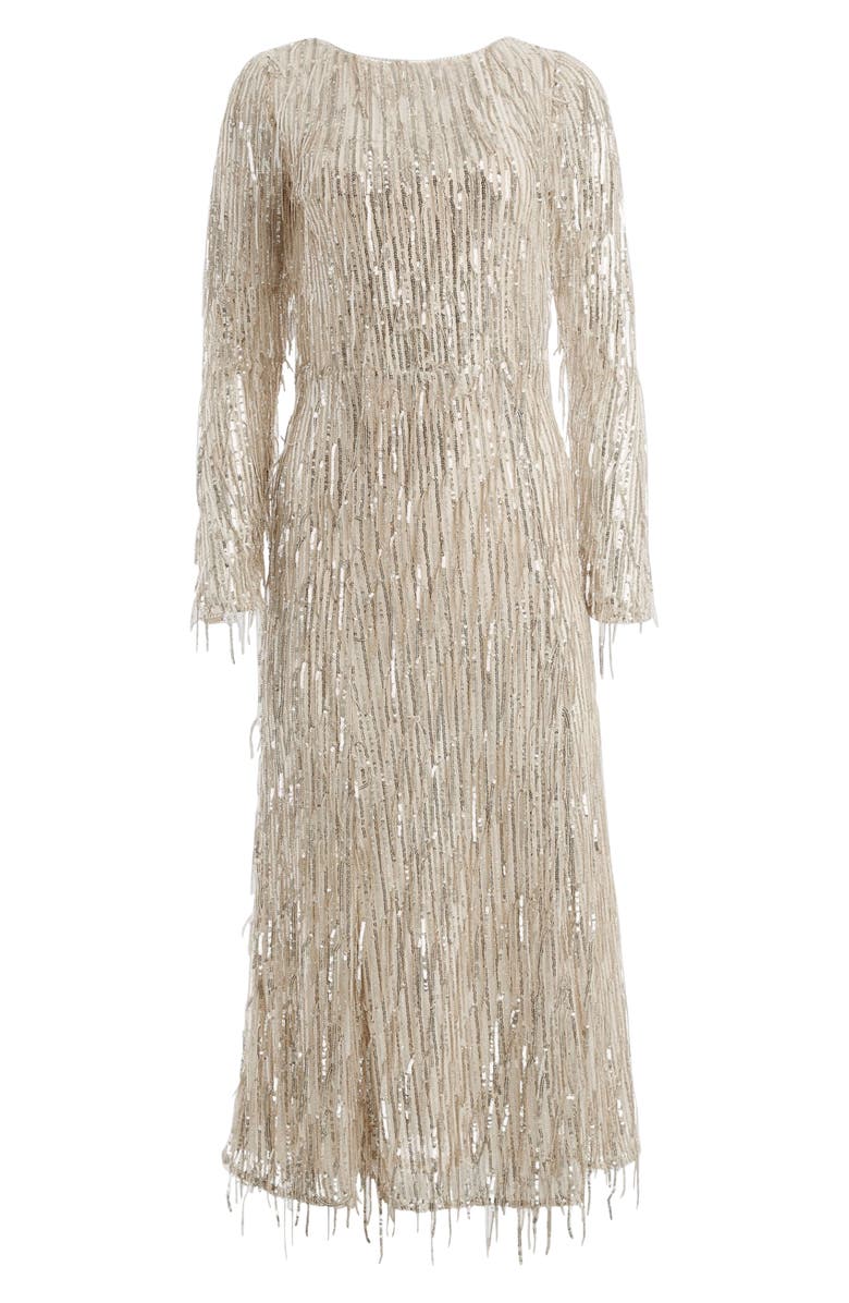 GUESS Elodie Sequin Fringe Long Sleeve Mesh Maxi Dress, Alternate, color, 