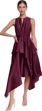 HALSTON Sleeveless Satin Midi Dress with Layered Skirt