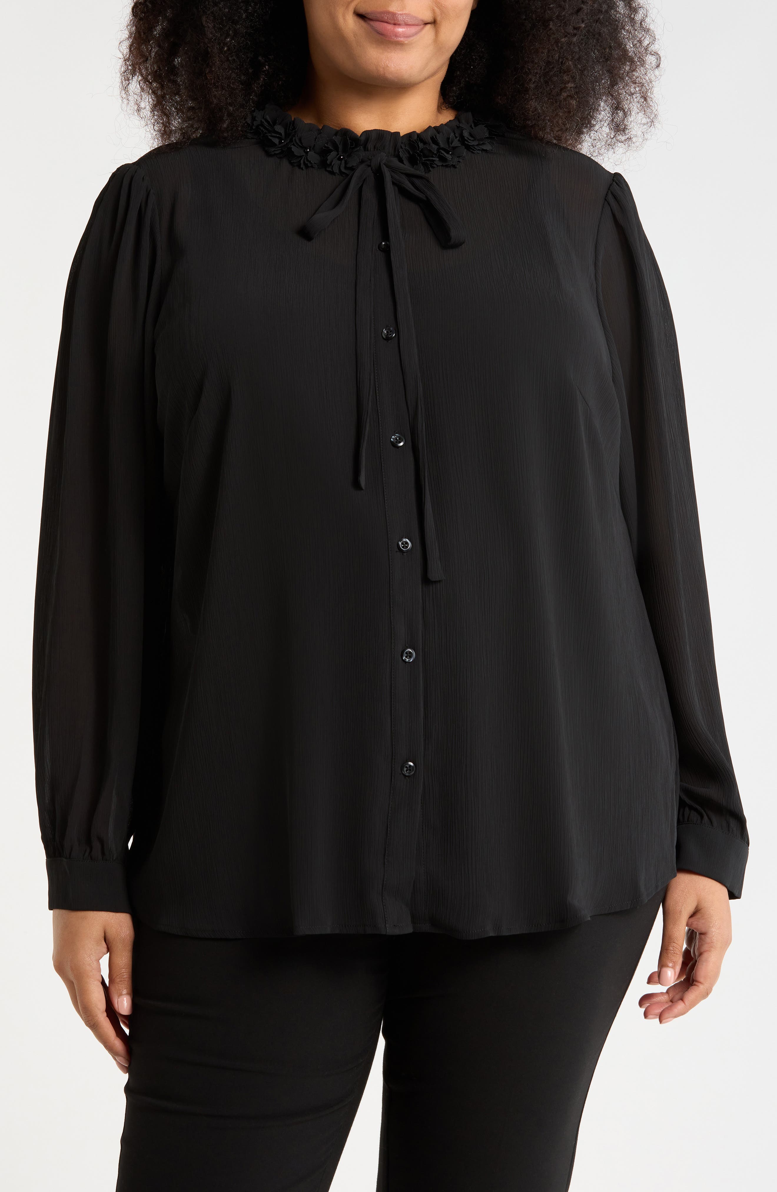 Adrianna Papell Flower Tie Neck Button-Up Shirt