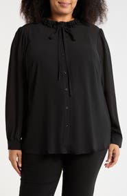 Adrianna Papell Flower Tie Neck Button-Up Shirt