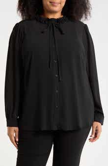 Adrianna Papell Flower Tie Neck Button-Up Shirt