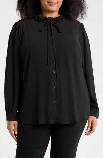 Adrianna Papell Flower Tie Neck Button-Up Shirt