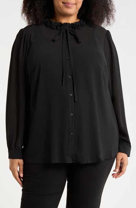 Adrianna Papell Flower Tie Neck Button-Up Shirt