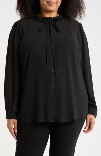 Adrianna Papell Flower Tie Neck Button-up Shirt In Black