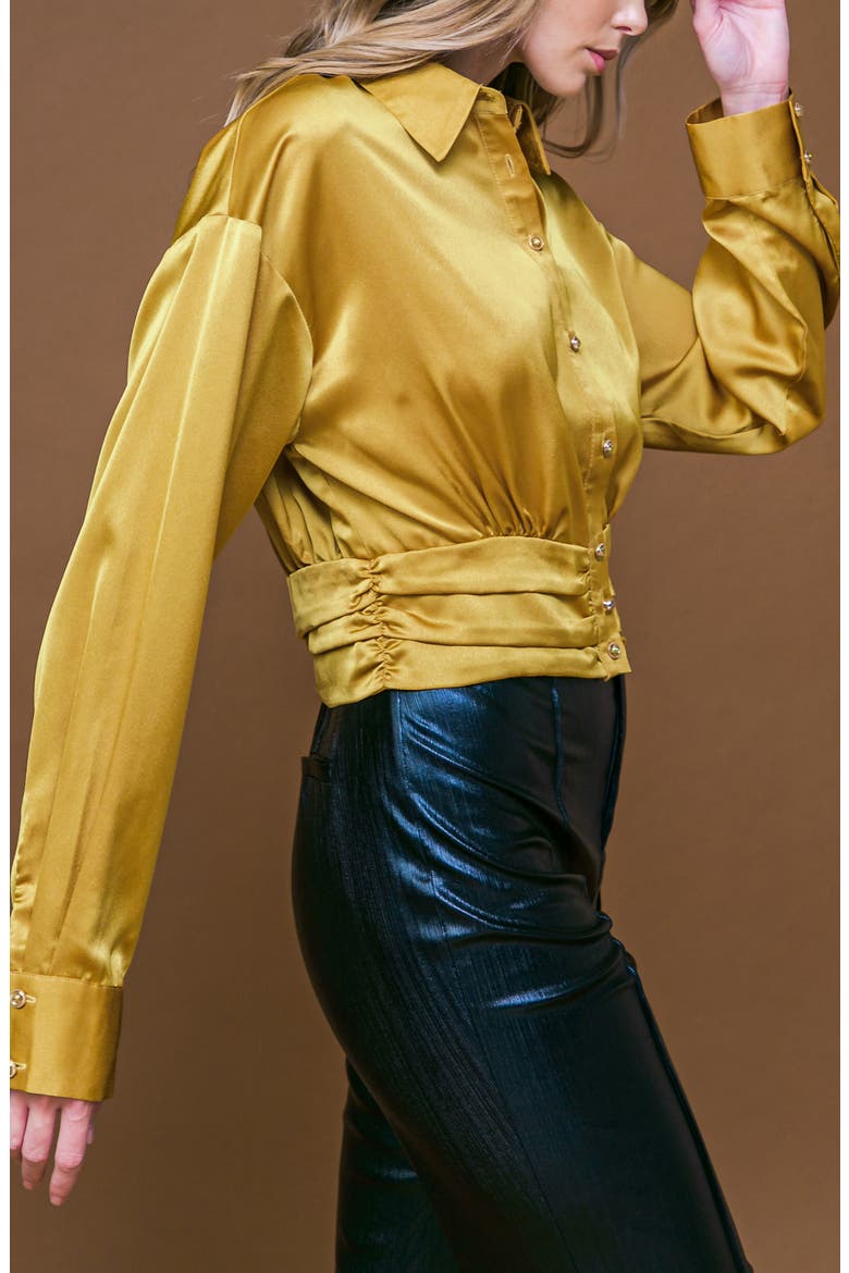 Long Sleeve Satin Crop Button-Up Shirt, Alternate, color, GOLD