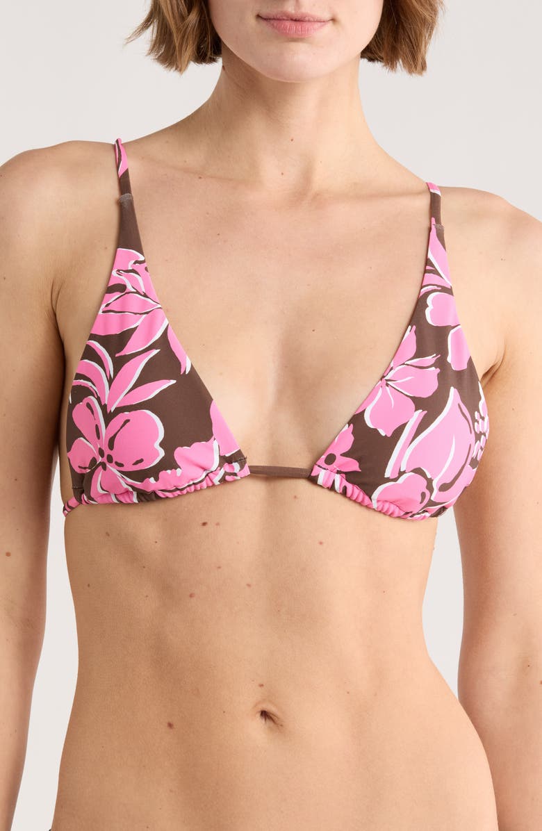 Roxy Floral Print Bikini Top, Main, color, Brown/ Pink