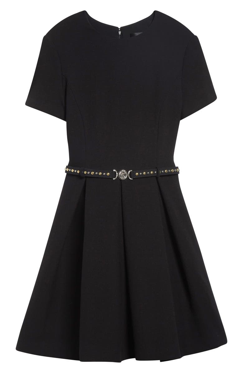 Versace Medusa '95 Belted Double Face Virgin Wool Crepe Fit & Flare Dress, Alternate, color, Black