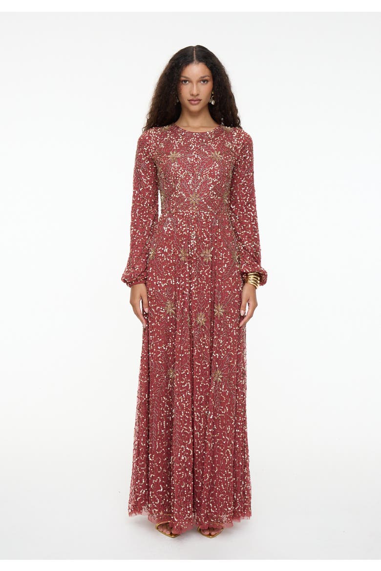 Modest Embellished Sequins A-Line Dress, Main, color, RUST
