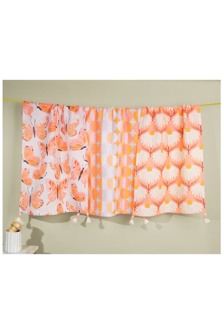 Marigold Flutter Set of 3 Cotton Waffle Kitchen Towels, Alternate, color, CREAMSICLE/ PAPAYA