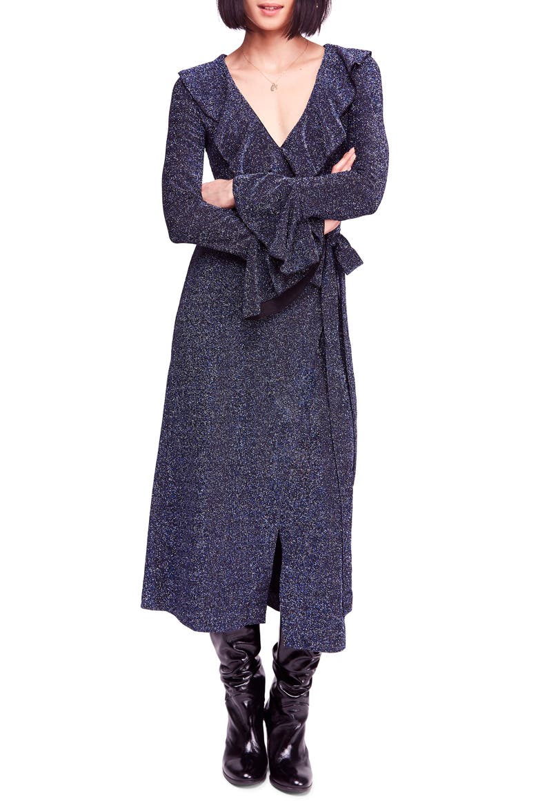 One More Time Shimmer Midi Wrap Dress, Main, color, NAVY