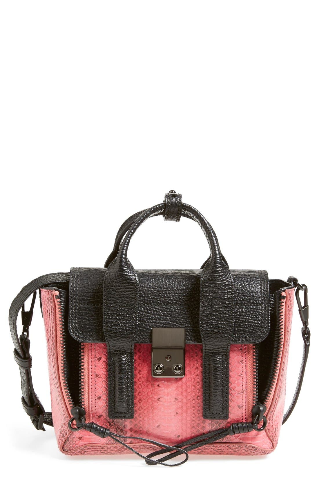 'Pashli Mini' Leather & Genuine Snakeskin Satchel, Main, color, HOT PINK/ BLACK