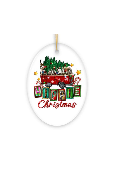 Hippie Christmas Van And Tree Oval Ceramic Ornament